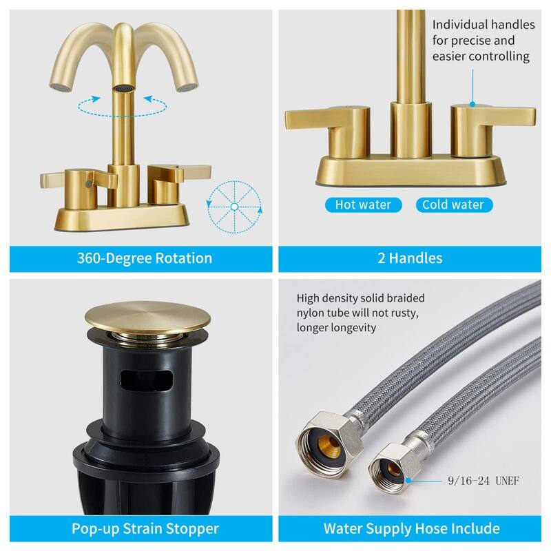 Modern 2 Handle 360° Swivel Bathroom Sink Faucet with Pop Up Drain Assembly, Anti Fingerprint, Anti Rust