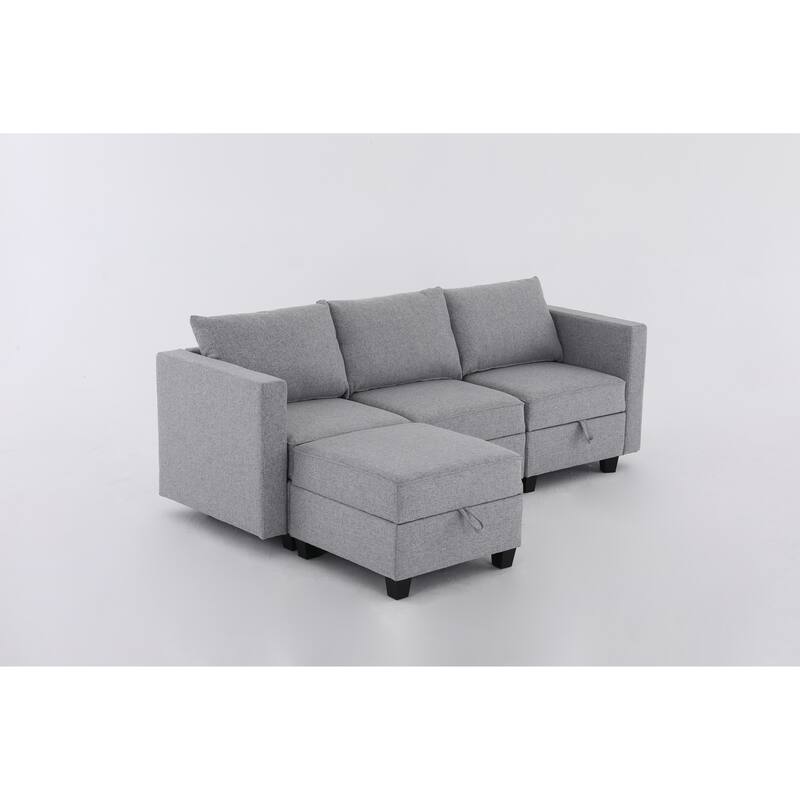 87" Burlap L-Shaped Modular 3-Seater Sofa with Ottoman & Storage