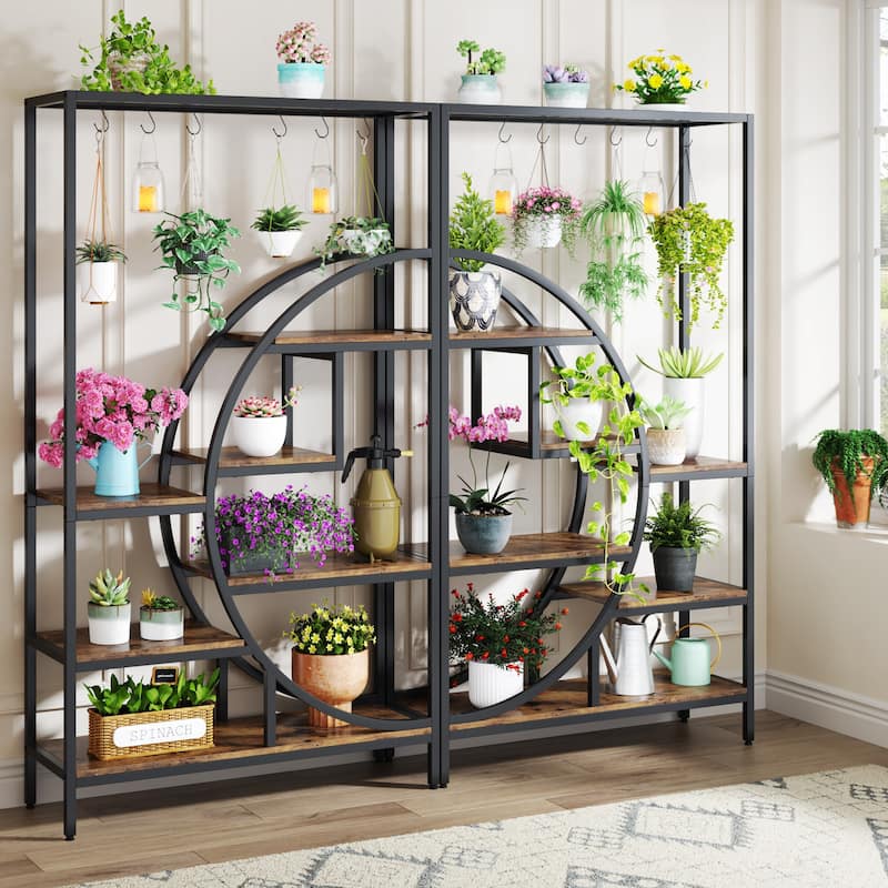 7 Tier Indoor Plant Stand Half Moon Shaped Plant Shelf with 6PC S Hanging Hooks for Home Garden, Balcony, Patio - Rustic Brown and Black - Set of 2