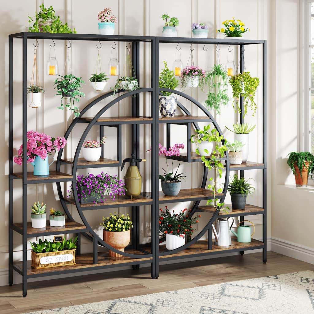 7 Tier Indoor Plant Stand Half Moon Shaped Plant Shelf with 6PC S Hanging Hooks for Home Garden, Balcony, Patio