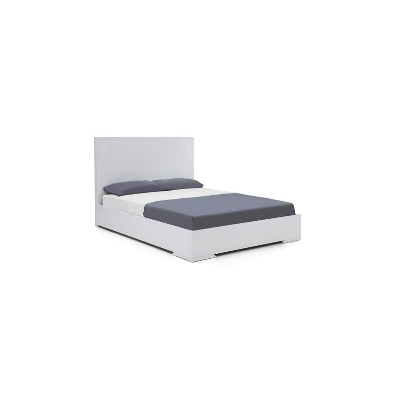 Queen Size Platform Bed - Modern Square Headboard, High Gloss White Finish - Adventure Bed