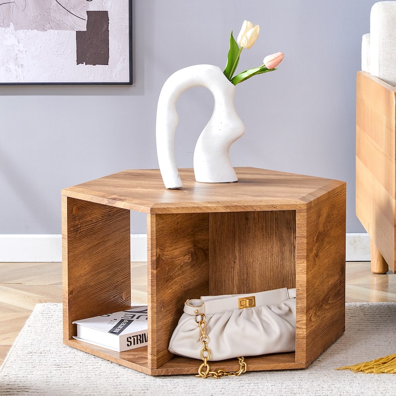 Hexagonal Coffee Table with Open Storage Space Multifunctional Wooden Side Table Small Apartment Center Table
