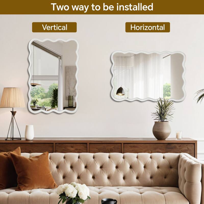 Wavy Rectangle Solid Wood Frame Decorative Mirror - White