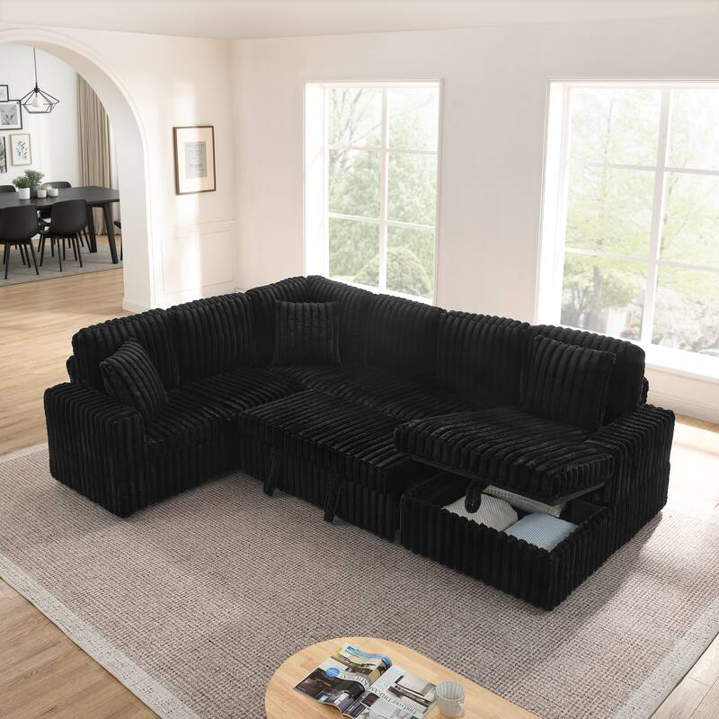 Corduroy Upholstered Reclining Sofa U-shaped Sleeper Sectional Couch with Pull Out Bed, Storage Chaise and Adjustable Backrests