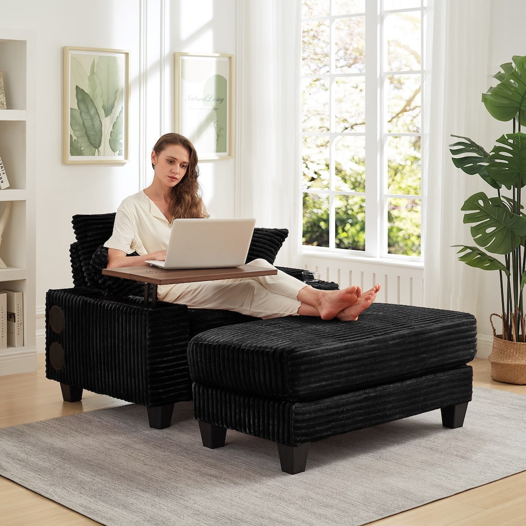 Multifunctional Rotating Table Sofa with Ottoman, Bluetooth Speaker, USB Ports, and Hidden Storage for Small Spaces