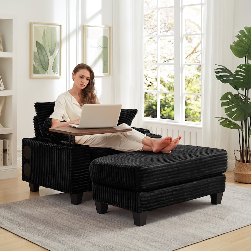 Versatile Chaise Lounge Single Sofa Chair with Ottoman, Swivel Table, Storage Armrest, Cup Holder, Bluetooth Speaker and USB