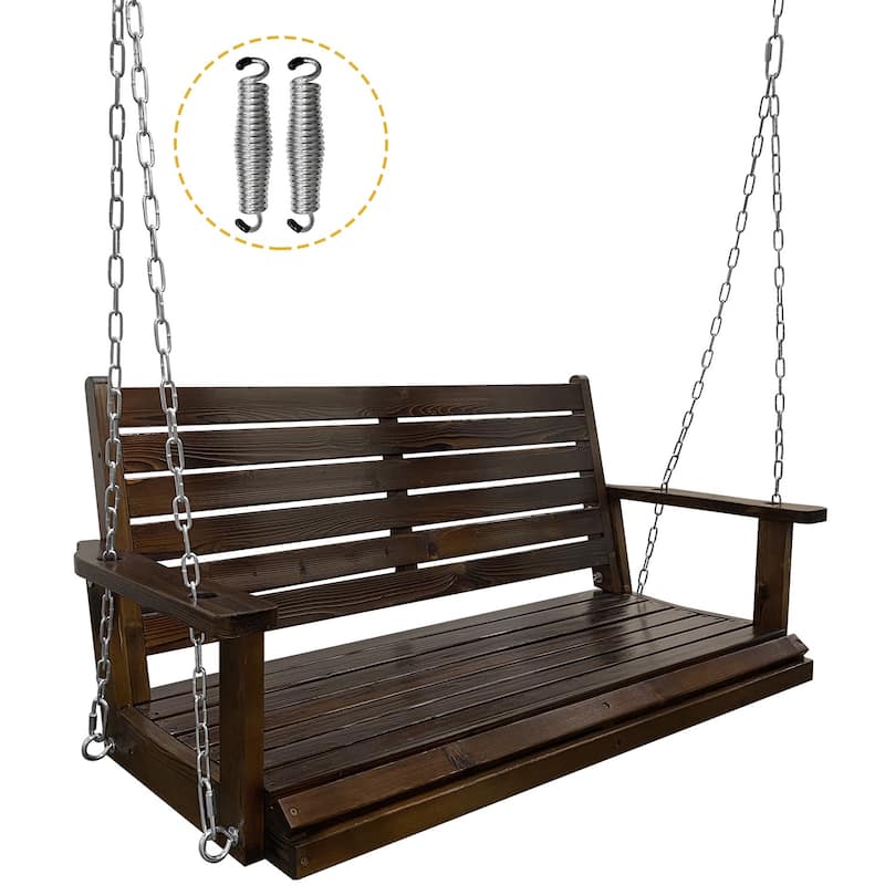 Wooden Porch Swing with Hanging Chains and 7mm Springs Heavy Duty 800 LBS for Outdoor Patio Garden Yard - 4FT - Brown