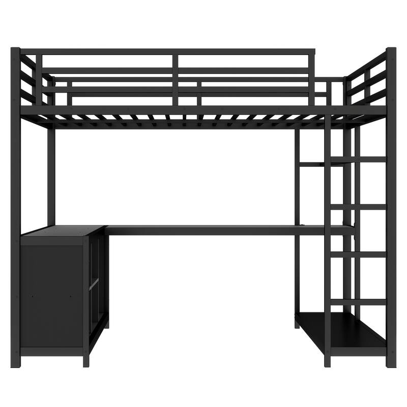 Full Size Metal Loft Bed with Wardrobe & L-shaped Desk with Storage Cubes and Shelves for Kids Teens Adults, Black