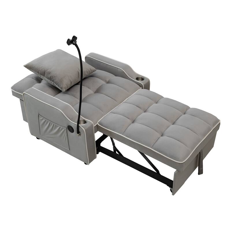 Convertible Single Chair Bed,3 in 1 Velvet Futon Sleeper Sofa Bed with Phone Holder & USB Ports,Pull Out Couch Bed
