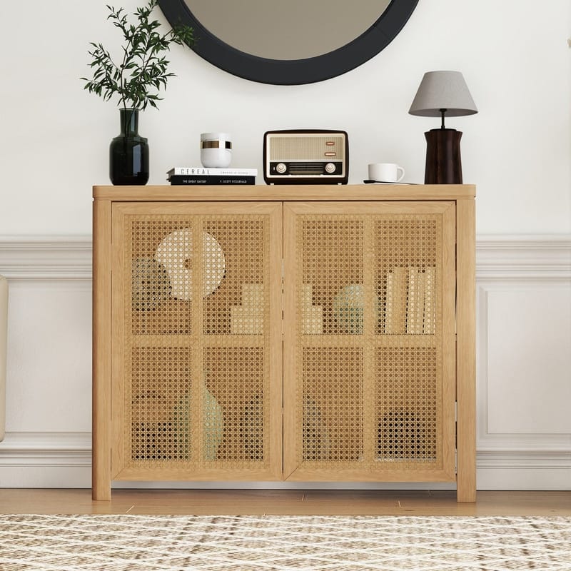 Mid Century Modern 63" Wide 2 - Cane Rattan Door Storage Sideboard, Retro Wine Bar Credenza for Living Room Entryway Kitchen
