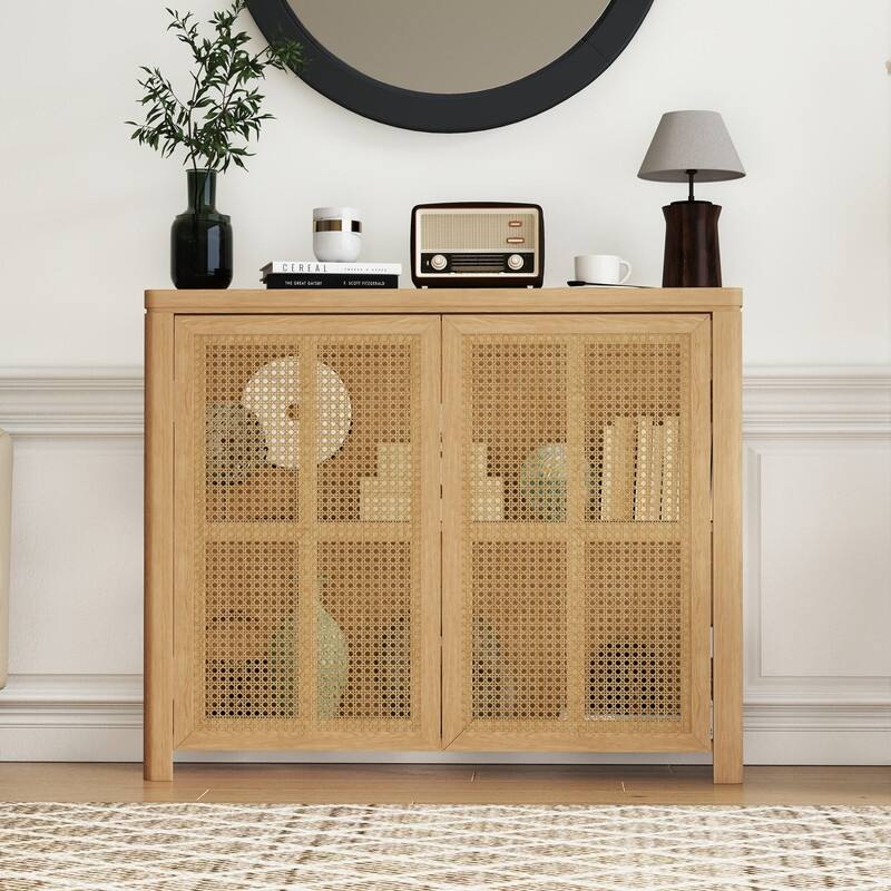 Mid Century Modern 63" Wide 2 - Cane Rattan Door Storage Sideboard, Retro Wine Bar Credenza for Living Room Entryway Kitchen - Natural