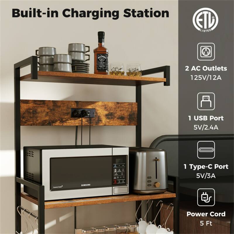 4-Tier Rustic Brown Kitchen Bakers Rack with Built-in Charging Station and Hooks Safety Rails - 23" × 13" × 54" (L x W x H)