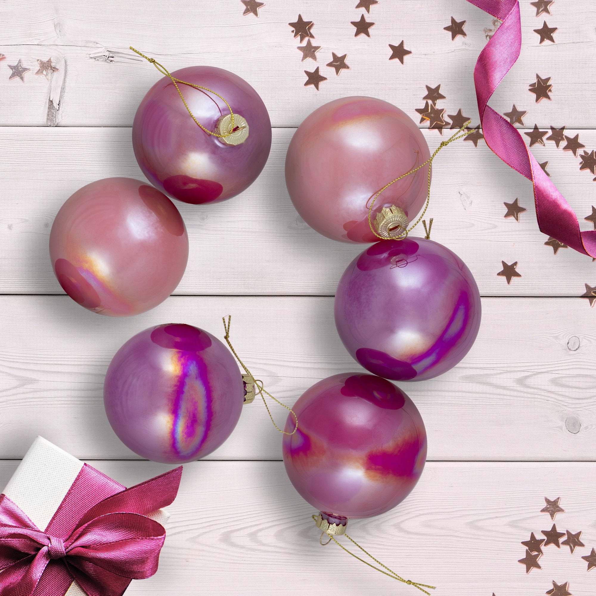 Shiny Glass Ball Christmas Ornaments 3" (80Mm) Pink, Purple Peach 6Ct