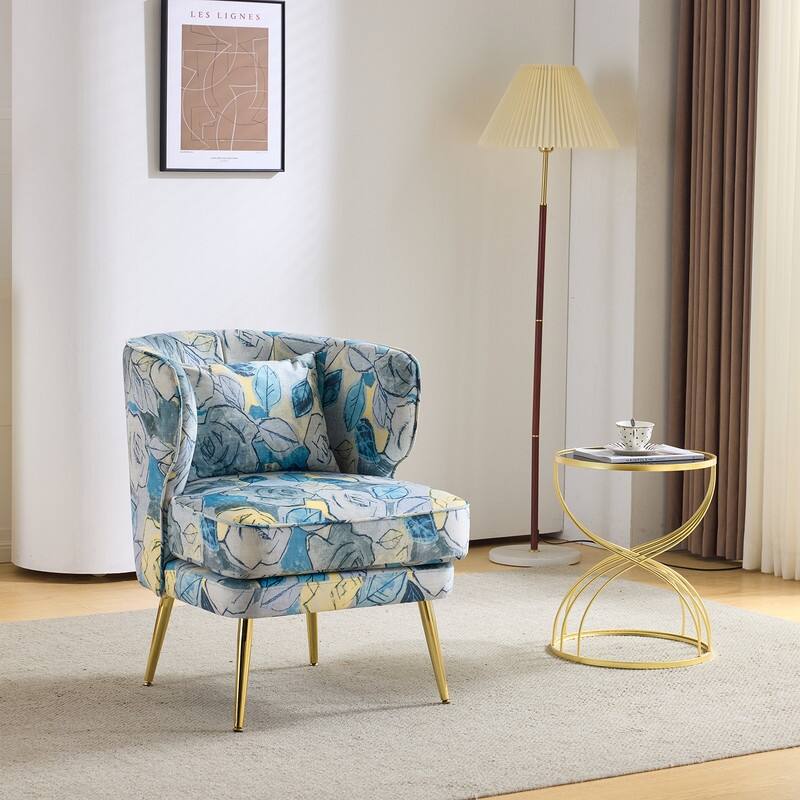Mid Century Modern Upholstered Reading Chair with Lumbar Pillow, Gold Metal Legs, Small Space Friendly for Living Room Bedroom