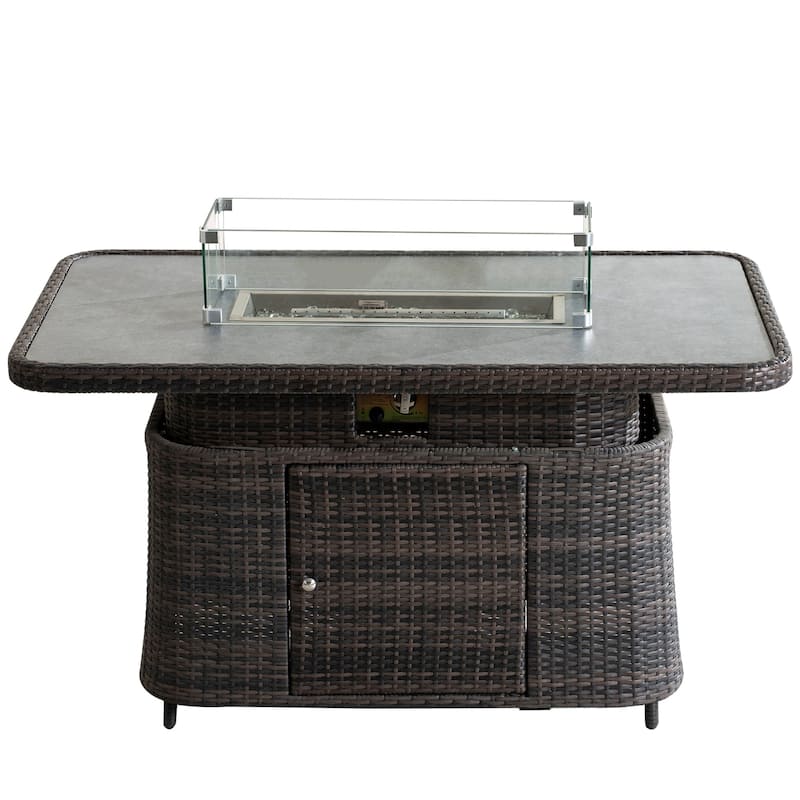 50,000 BTU Adjustable Height Aluminum Propane Fire Pit Table with Faux Stone Glass Top and Wind Guard