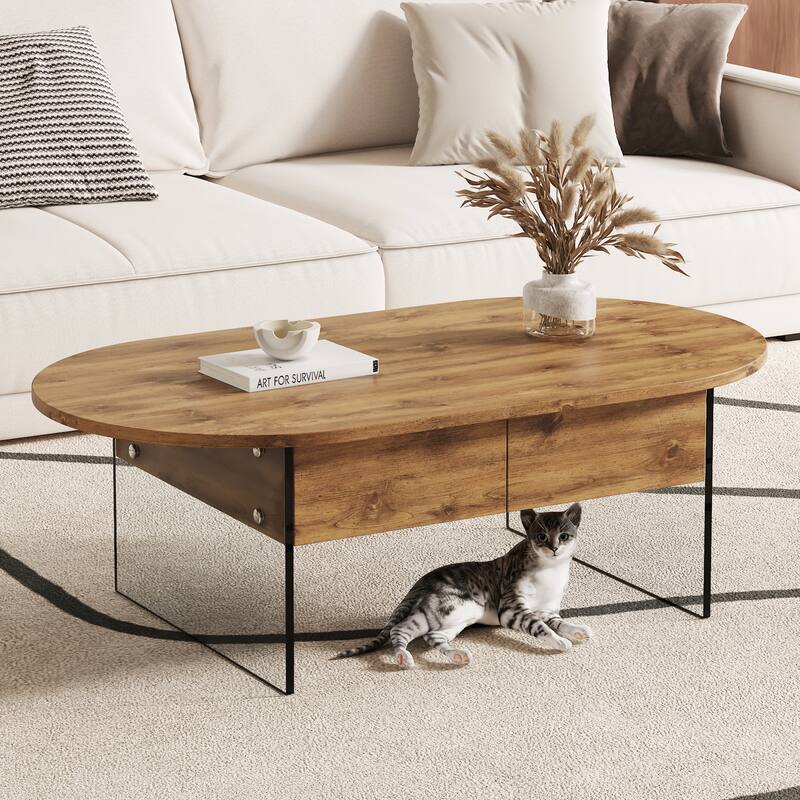 Anmytek Wood Tone Oval Coffee Table with 2 Drawers Modern Living Room Storage Centerpiece