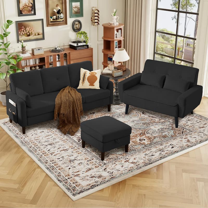 77.17" Corduroy 3 Pieces Living Room Sets with Sofa, Ottoman and Loveseat