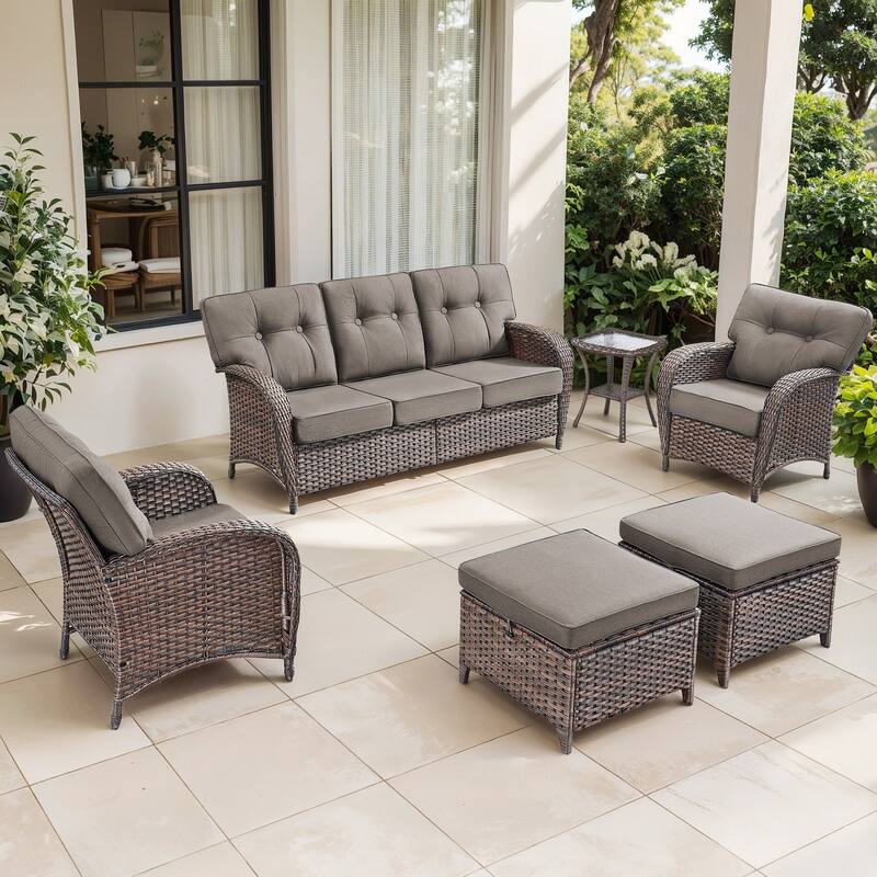 Gymojoy 6-Piece Outdoor Wicker Patio Furniture Set, 5" Thick Cushioned Rattan Conversation Set