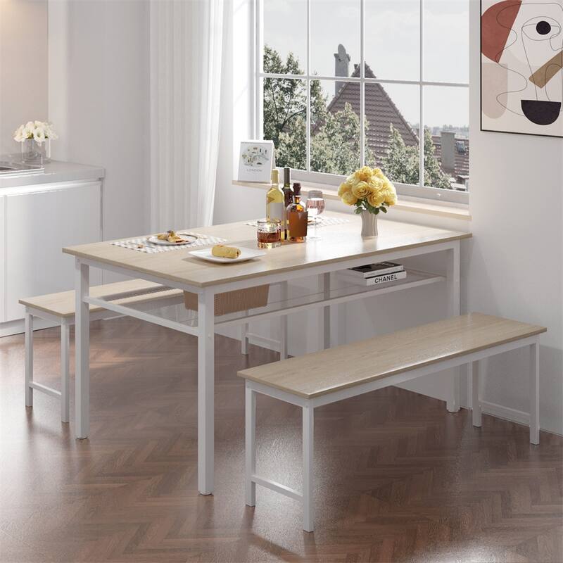 3 Pieces Metal Frame Kitchen Table Set with MDF Board Bed Bath