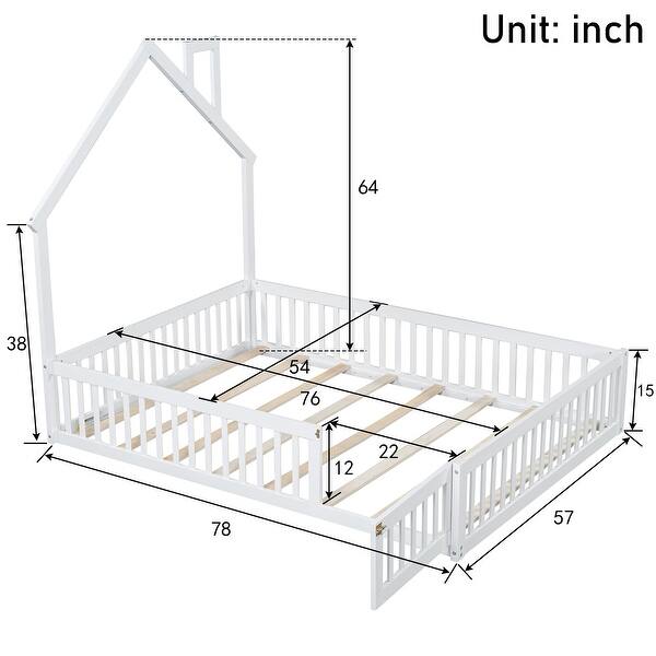 dimension image slide 1 of 2, House-shaped Design Wood Full Size House Platform Bed with Safety Guardrail, White
