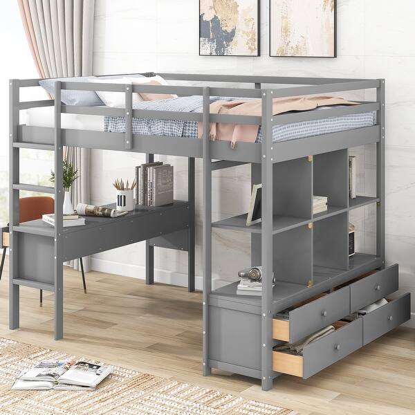 slide 2 of 18, Full Loft Bed with Built-in Desk with Two Drawers, and Storage Shelves and Drawers, White/Gray Grey - Full