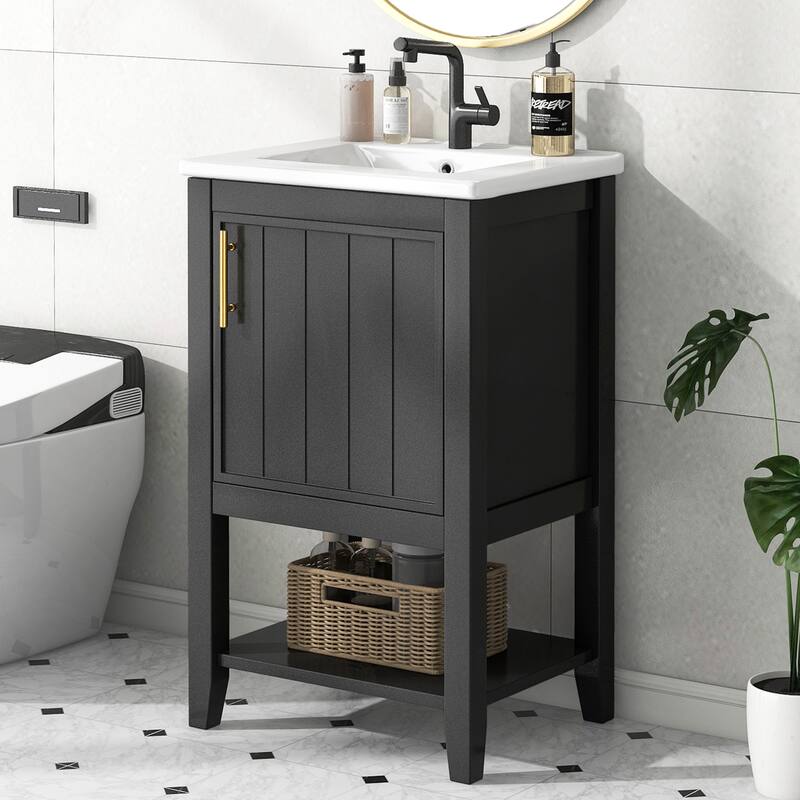 20" Bathroom Vanity with Sink, Soft Closing Door, Storage Rack & Open Shelf - Modern Grey Freestanding Cabinet