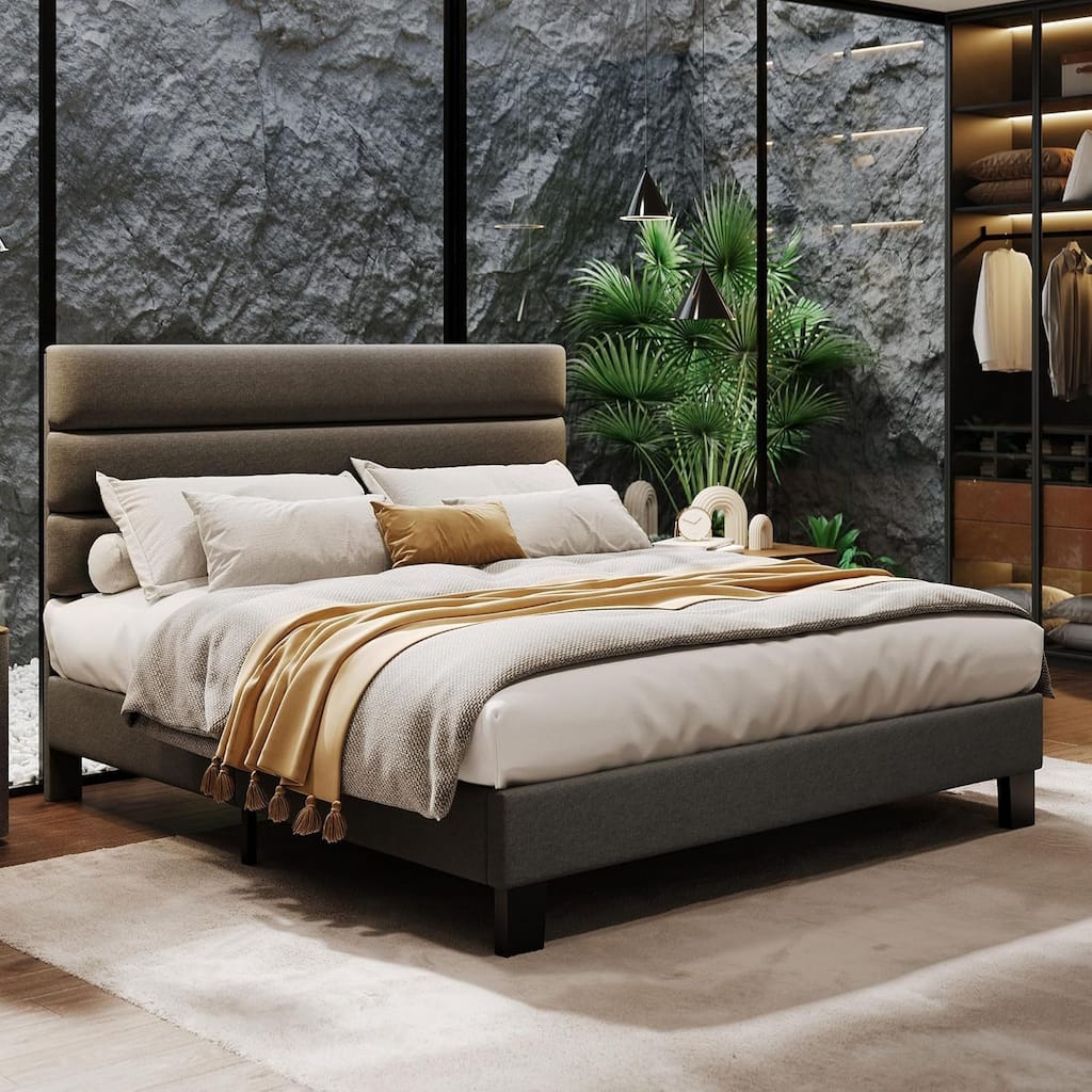 Bed Frame with Adjustable Height Headboard, Linen Upholstered Platform Bed with Wooden Slats Support