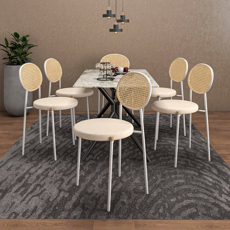 LeisureMod Euston Modern Dining Chair with Upholstered Velvet Seat - Wicker Back and White Stainless Steel Legs Accent Chair