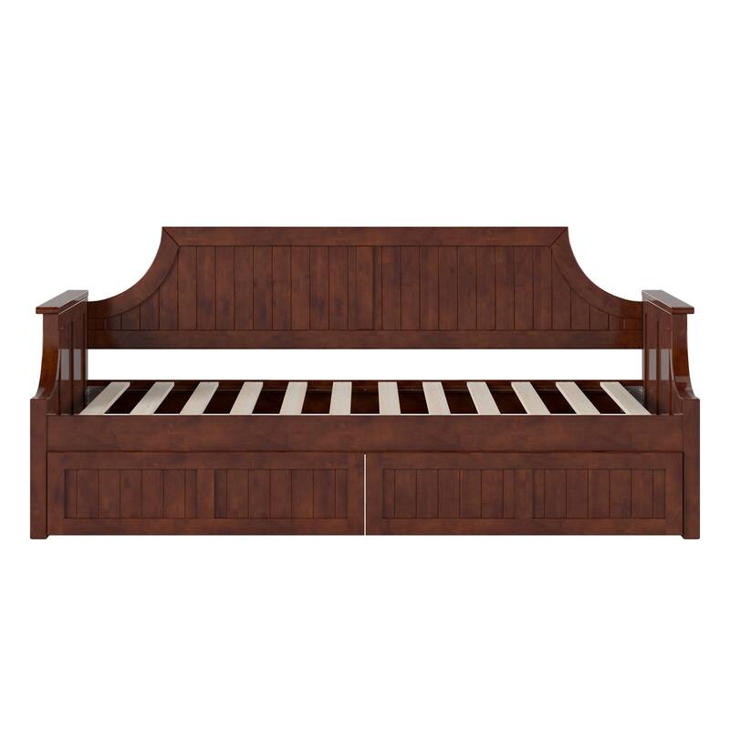 Twin Daybed with Drawers - Walnut Wood Frame, Curved Back, Underbed Storage