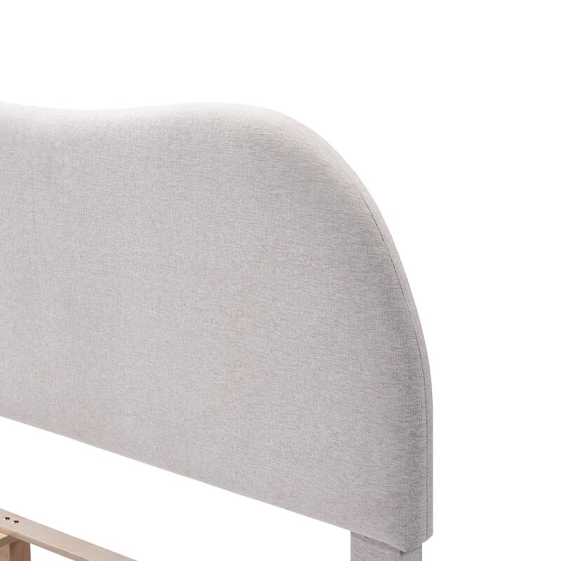 Ivory Linen Upholstered Platform Bed Frame with Wavy Headboard/Solid Wood Frame and Legs/Wooden Slat Support/Easy Assembly/Queen