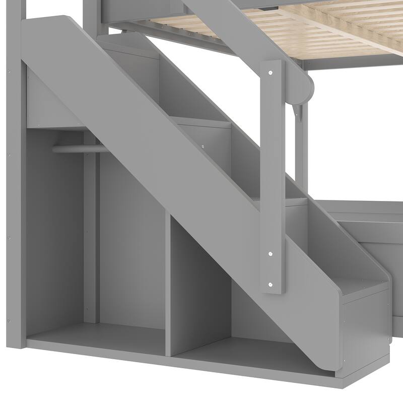 Roomfitters Loft Bed with Wardrobe and Storage Stairs, Solid Wood Frame with Bedside Shelves