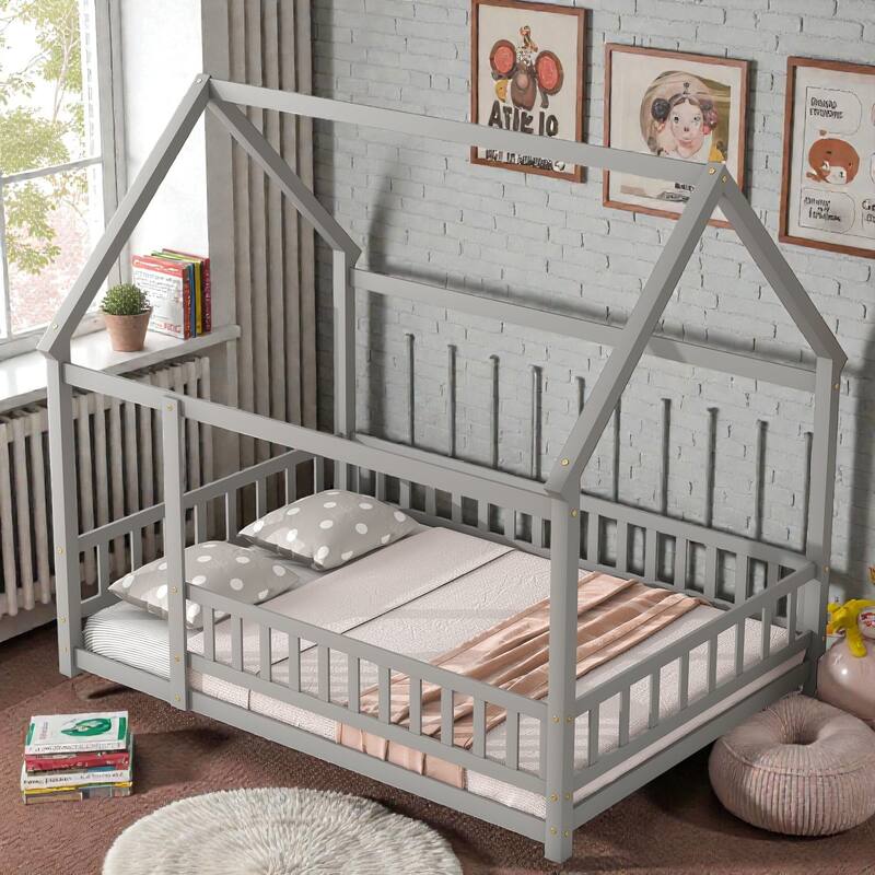 Full Size House Floor Bed with Wooden Roof Frame and Fence Guardrails, Solid Wood Kids Floor Bed