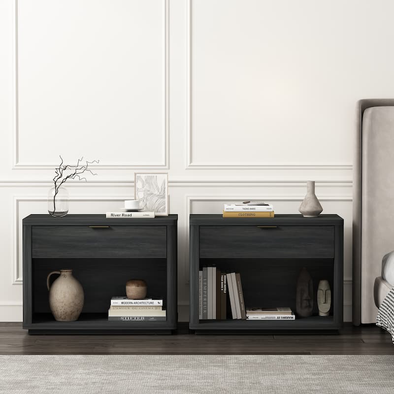 Manhattan Comfort Evelyn 32 Nightstand 2.0 with 2 Full Extension Drawers Set of 2 - Charcoal Grey
