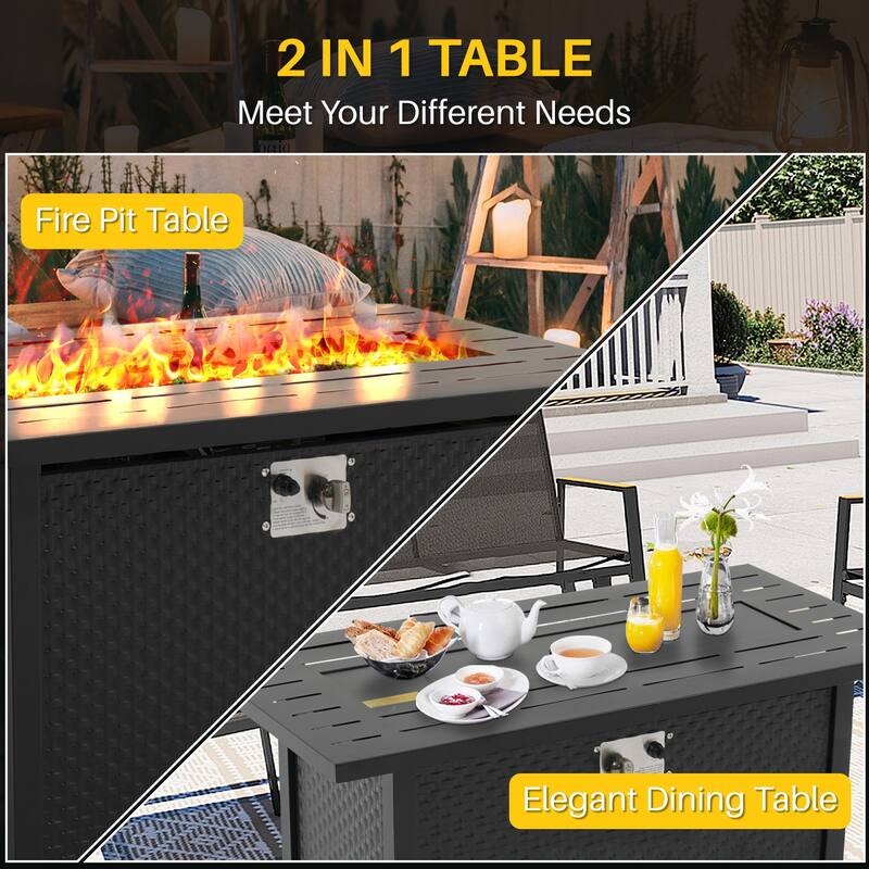 45 inch Outdoor Propane Fire Pit 50,000 BTU Gas Fire Pit Table with Lid, Glass Wind Guard, Rectangle Gas Firepit Table