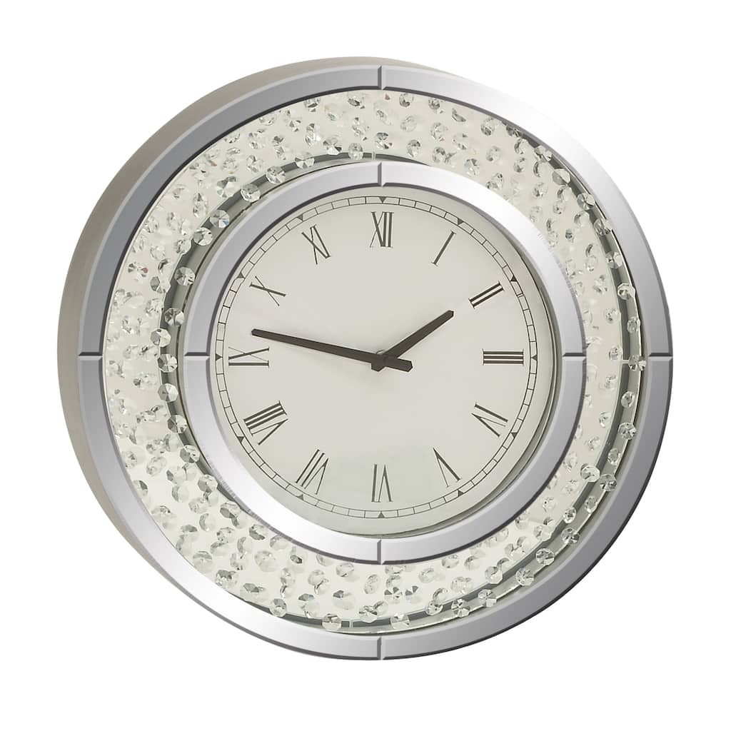 Glass Mirrored Wall Clock with Floating Crystals - White - Roche River Decor - 2"W x 20"L x 20"H