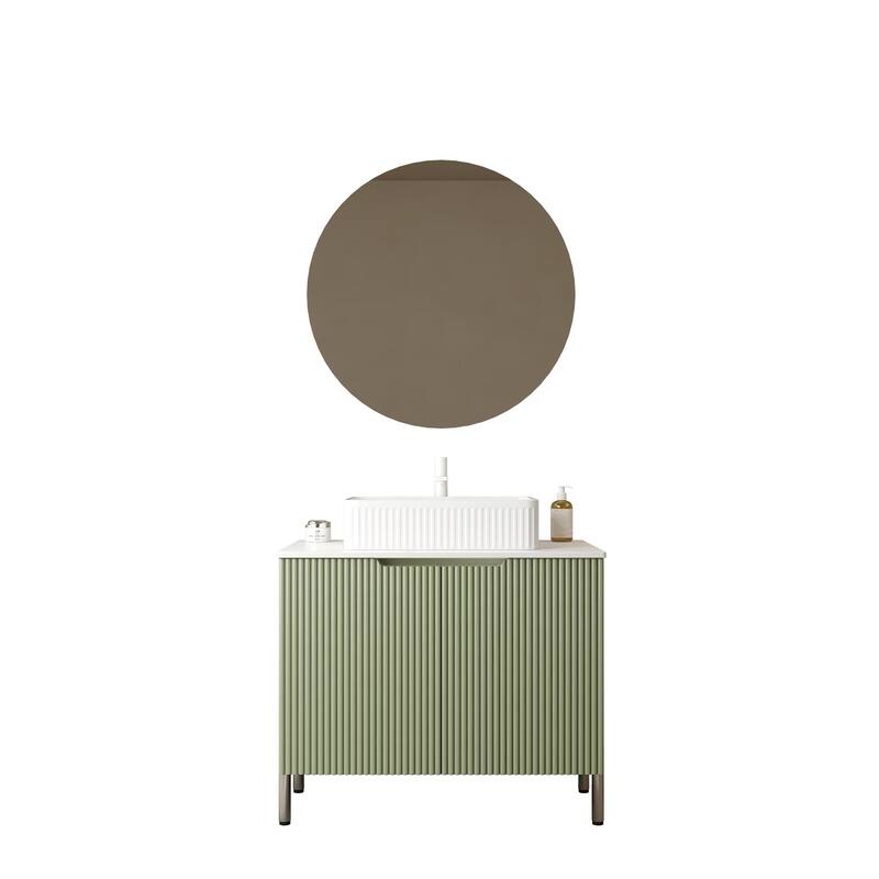 Freestanding Bathroom Vanity with Vertical Stripe Design and Soft-Close Doors, Ceramic Basin with Curved Edges