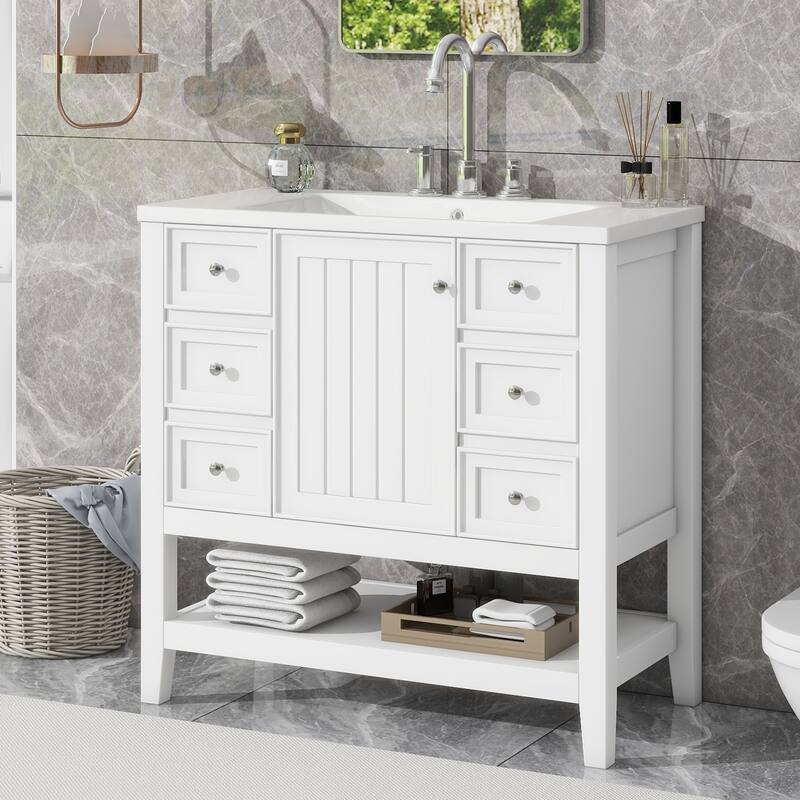 36" Bathroom Vanity with Sink Combo, One Cabinet and Three Drawers, Solid Wood and MDF Board