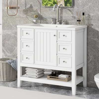 Freestanding 36" Bathroom Vanity Cabinet with Ceramic Sink & Open Storage Shelf