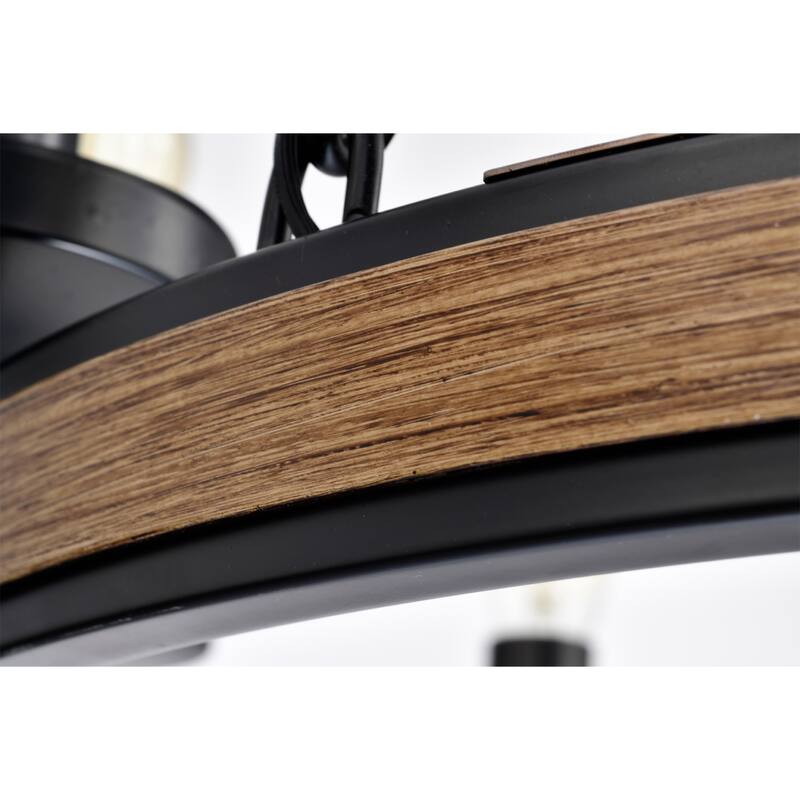 Aada Matte Black Metal 9 Light Wood Grain Finish Wagon Wheel Chandelier 32-Inch