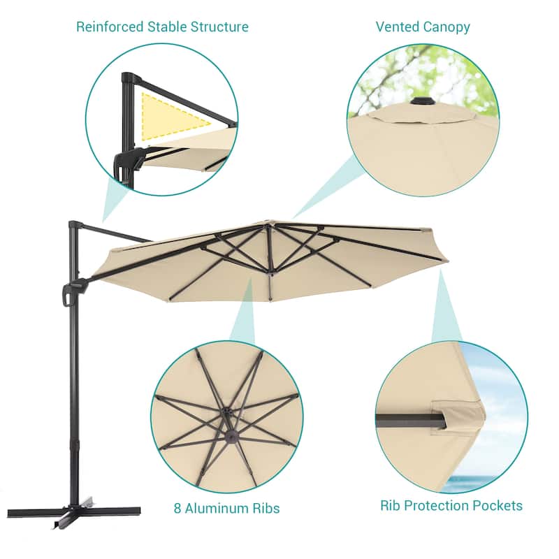 BONOSUKI 11FT LED Cantilever Patio Umbrella 360 Rotation w/Cross Base