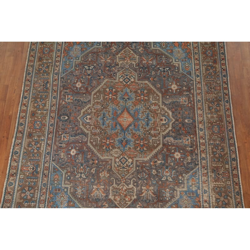 Gray Geometric Tabriz Persian Vintage Rug Handmade Wool Carpet - 6'8"x 9'7"