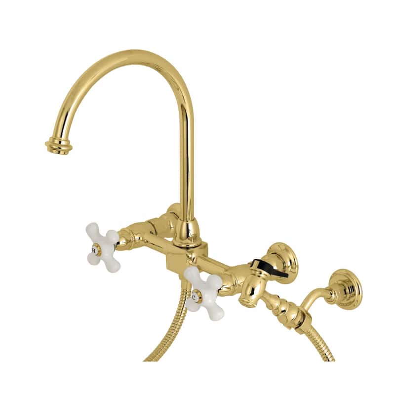 Restoration Wall Mount Bridge Kitchen Faucet with Brass Sprayer - Polished Brass