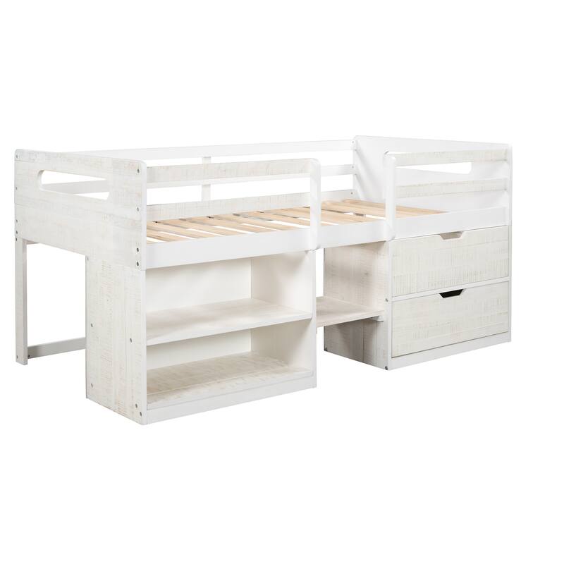 Twin Solid Pine Loft Bed with Shelves, Drawers, and Guardrail
