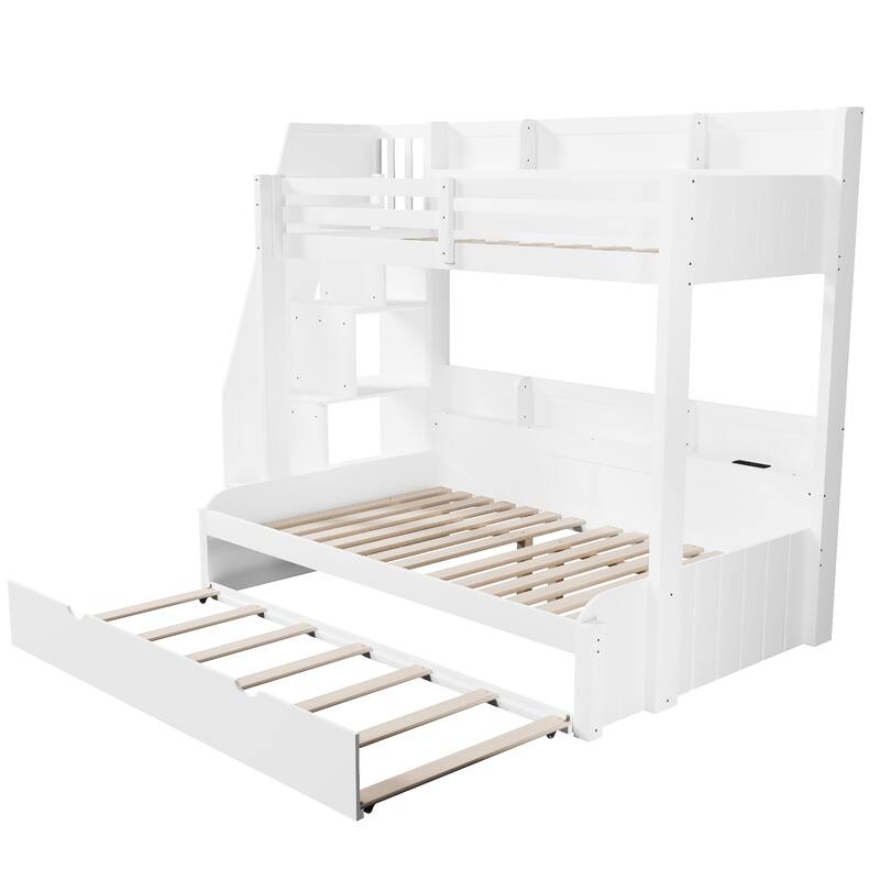 Roomfitters Twin Over Full Bunk Bed with Storage Staircase, Trundle, LED and USB
