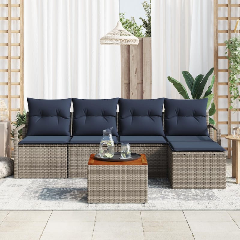 vidaXL 6 Garden Sofa Set with Cushions Black/Grey Poly Rattan - 90.6 x 24.4 x 27.2