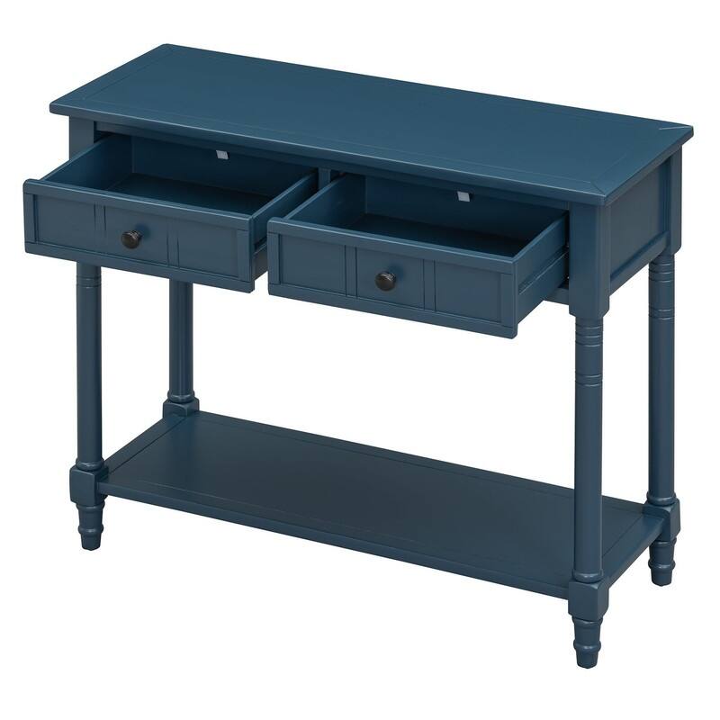 Narrow Console Table, Traditional Pine Wood Design with 2 Drawers and Bottom Shelf for Living Spaces