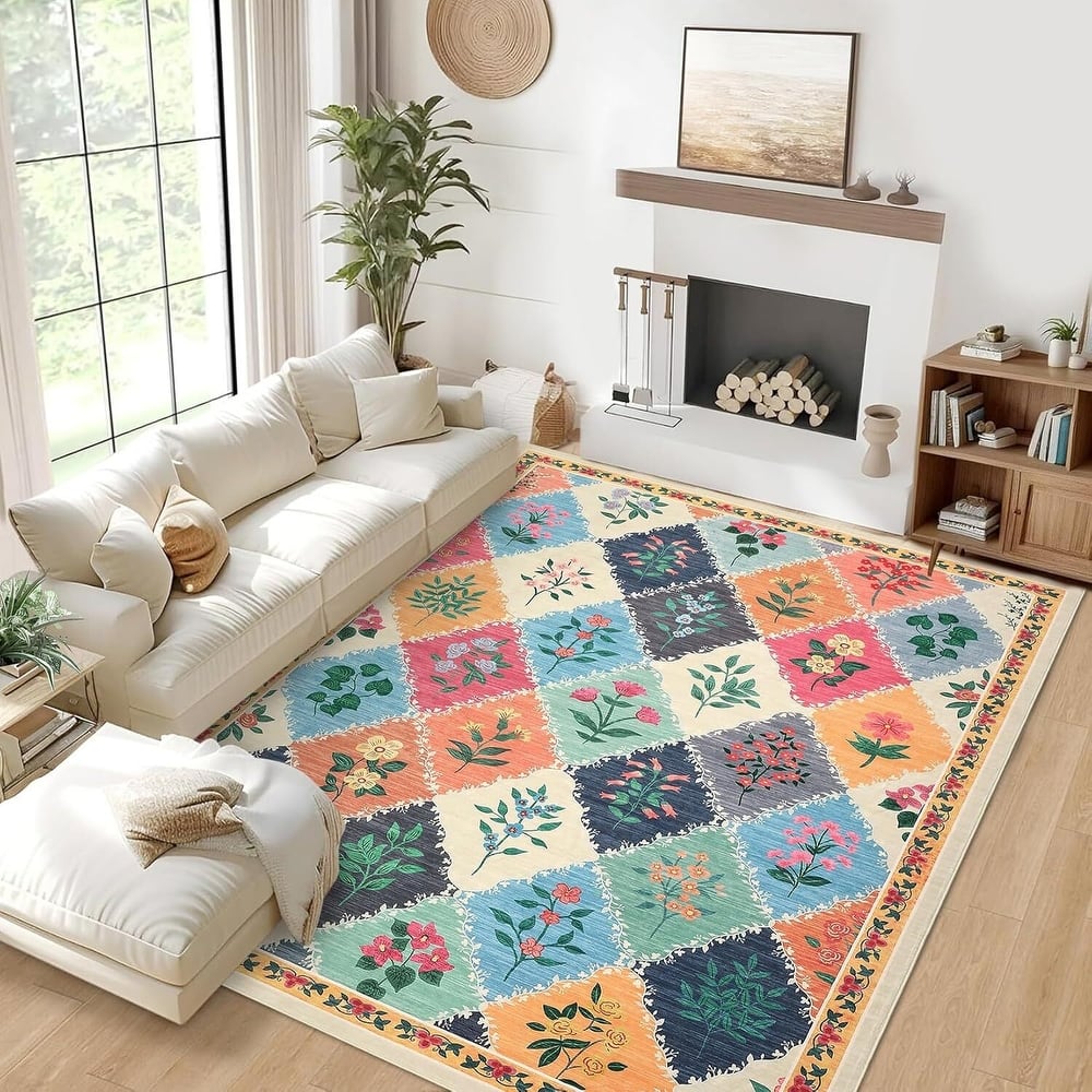 Vintage Floral Washbale Floor Cover Area Rug for Bedroom, Living Room, Colorful - 1'6" x 2'6"