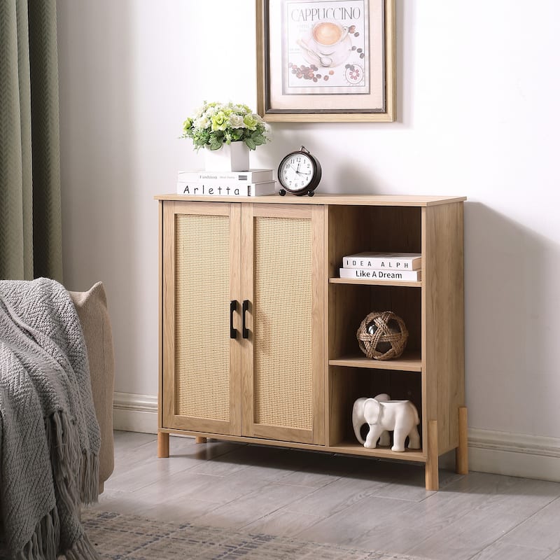 GDFStudio - Harper Mid-Century Modern Storage Cabinet with Woven Rattan Doors, Open & Adjustable Shelves - Particle Board