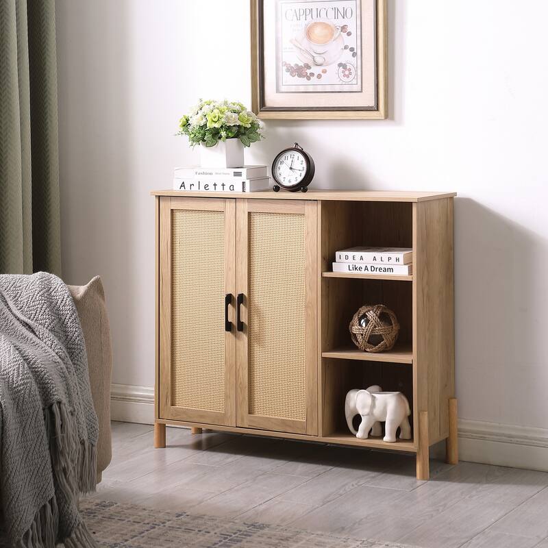 Mid-Century Modern Storage Cabinet with Woven Rattan Doors, Open Shelves & Adjustable Shelves - Perfect