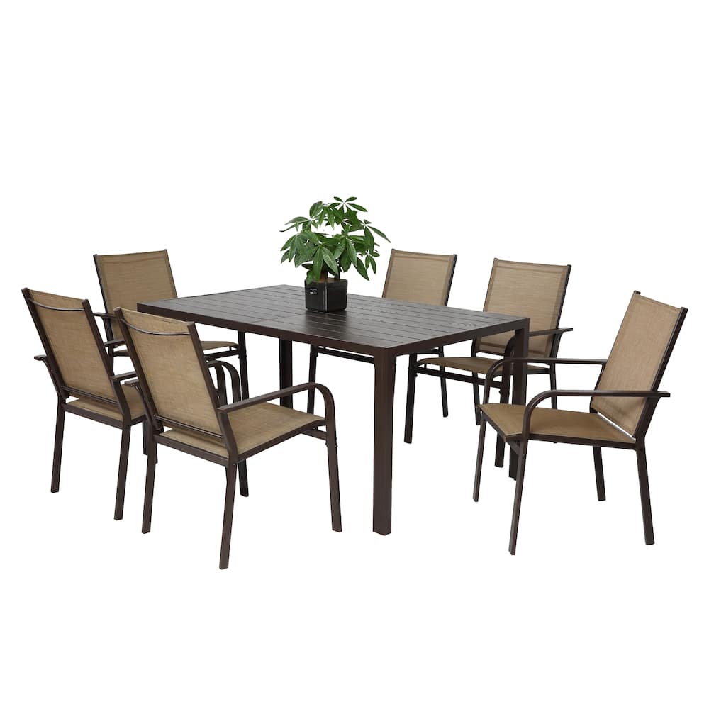 7 Pieces Patio Dining Set, Rectangular Dining Table and 6 Stackable Chairs, Outdoor Courtyard Conversation Casual Set